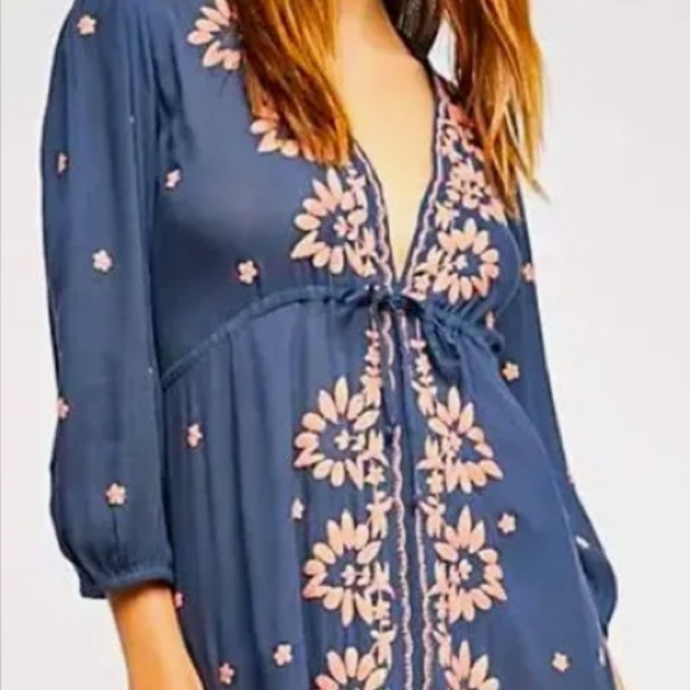 Free People Floral Embroidered Blue Dress